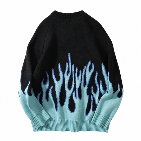 Men's blue flame knit pullover streetwear sweater