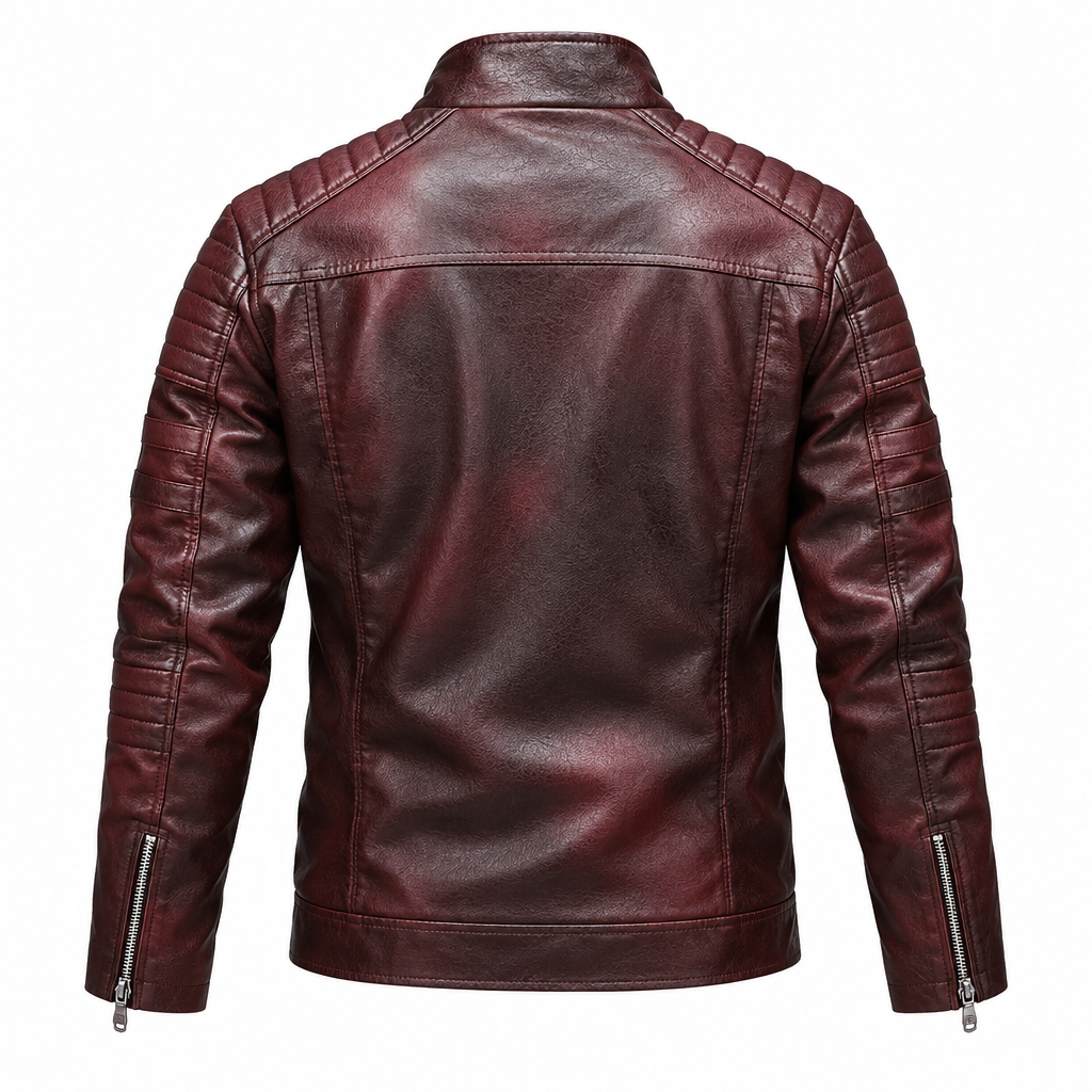 Men's leather motorcycle jacket back view