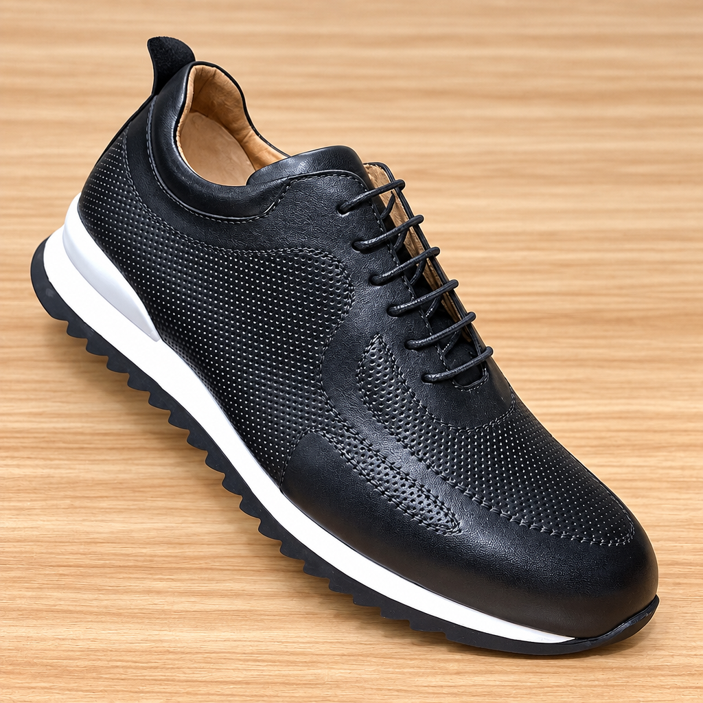 Men's genuine leather lace-up oxford casual sneakers travel flats black