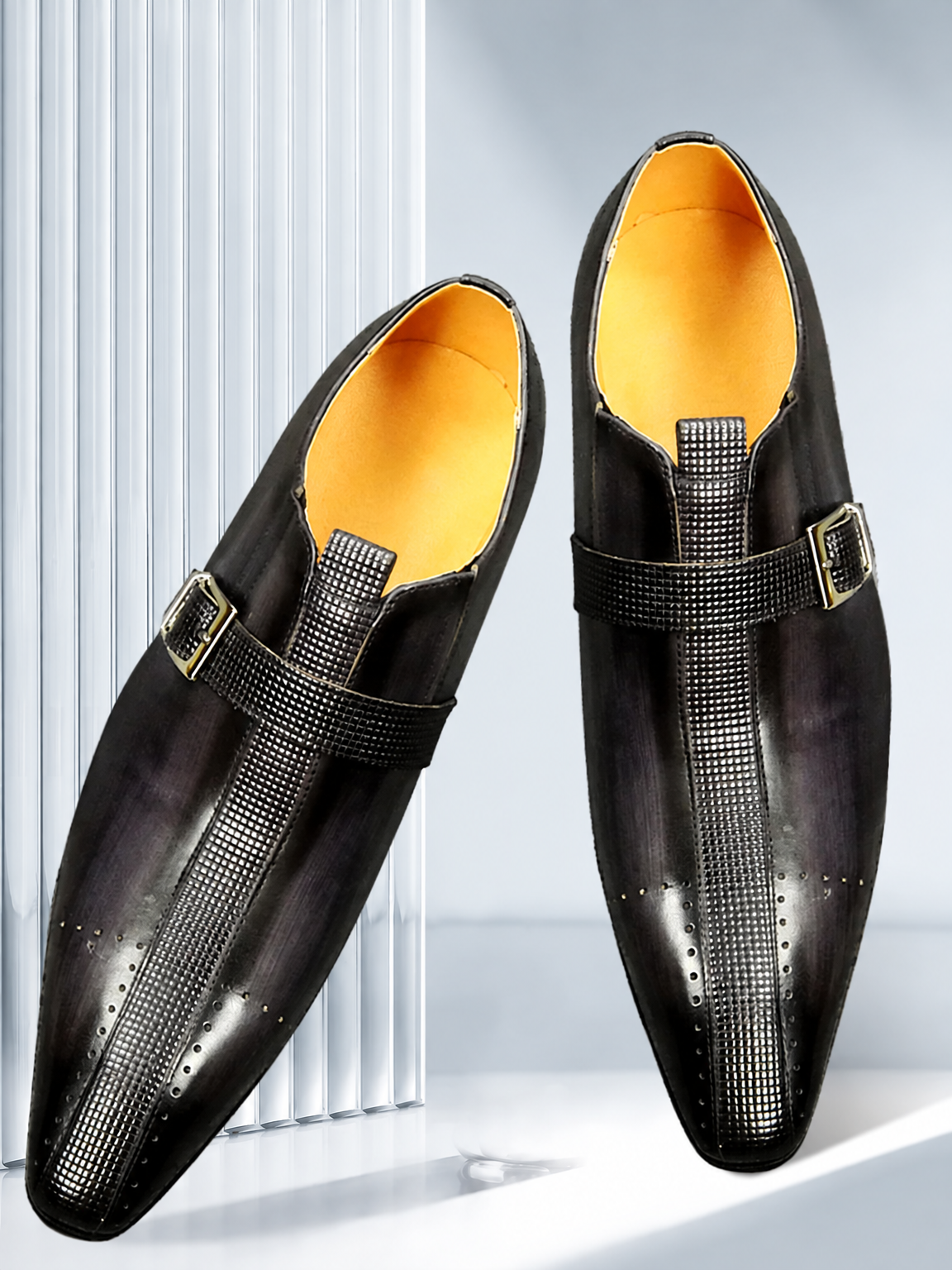 Men's genuine leather buckle strap formal oxfords black