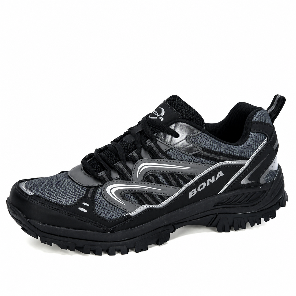 Men's charcoal grey hiking shoes outdoor trekking sneakers clean product photo