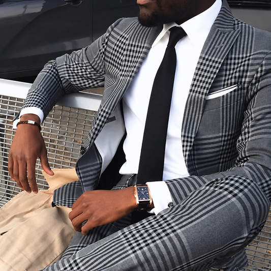 Men's grey vintage plaid slim notch lapel tuxedo suit