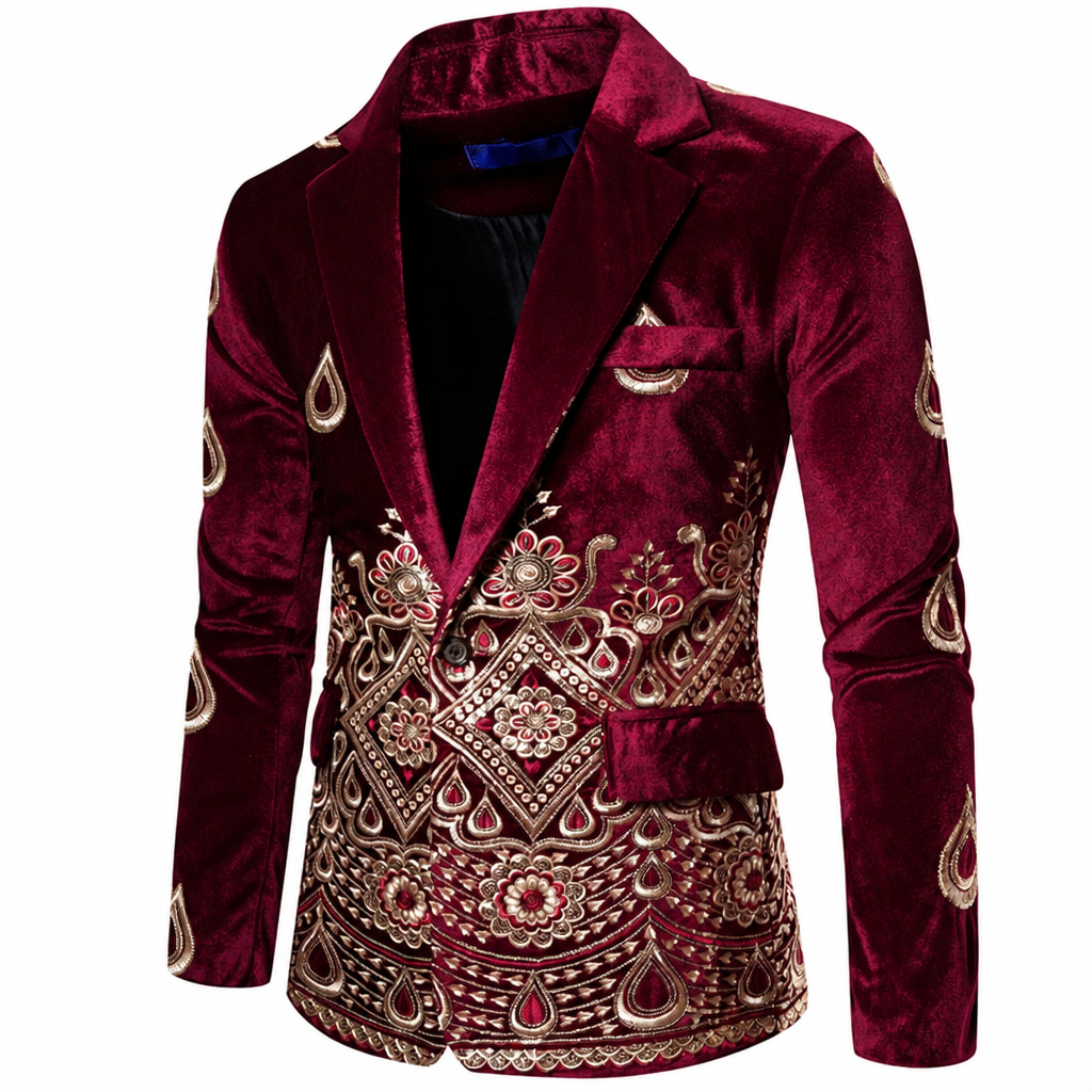 Men's floral embroidery velvet slim fit wedding suit burgundy