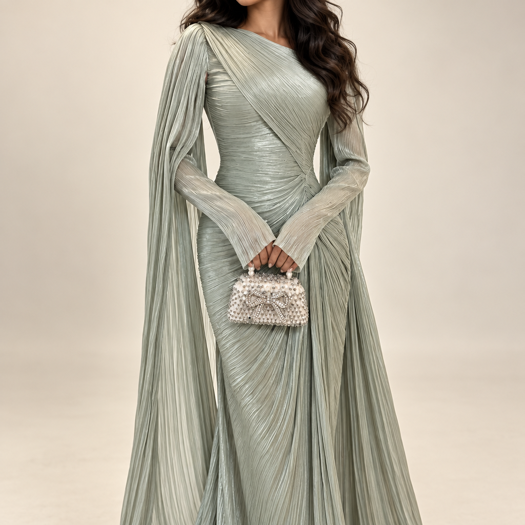 Sage green pleated gown fabric detail