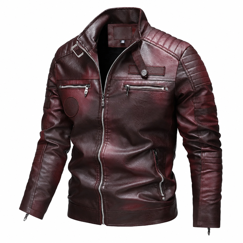 Men's Winter Motorcycle Leather Jacket burgundy front view
