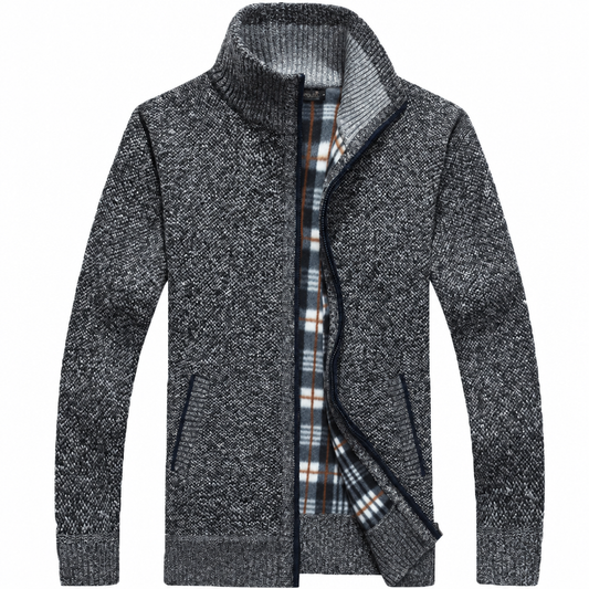 Men's faux fur sweater coat zip-up knit cardigan gray