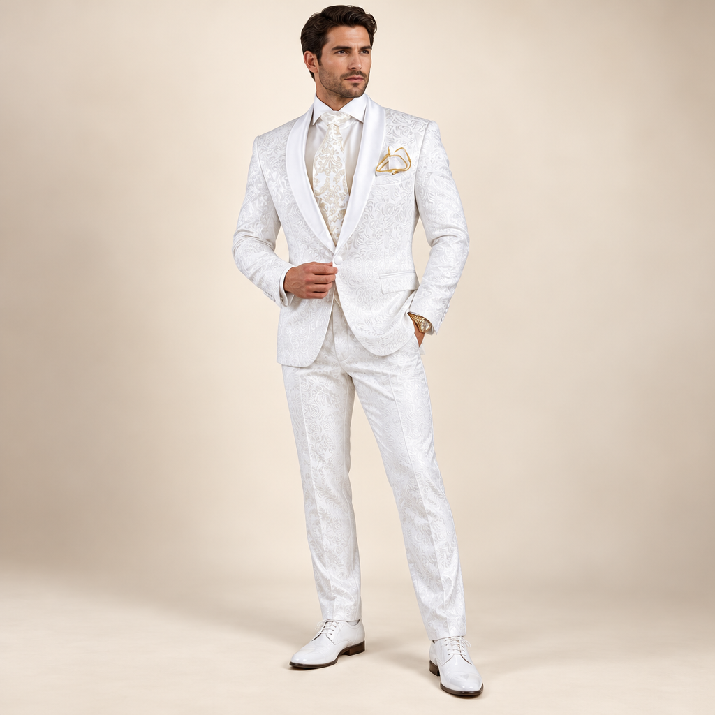 White jacquard wedding tuxedo full outfit