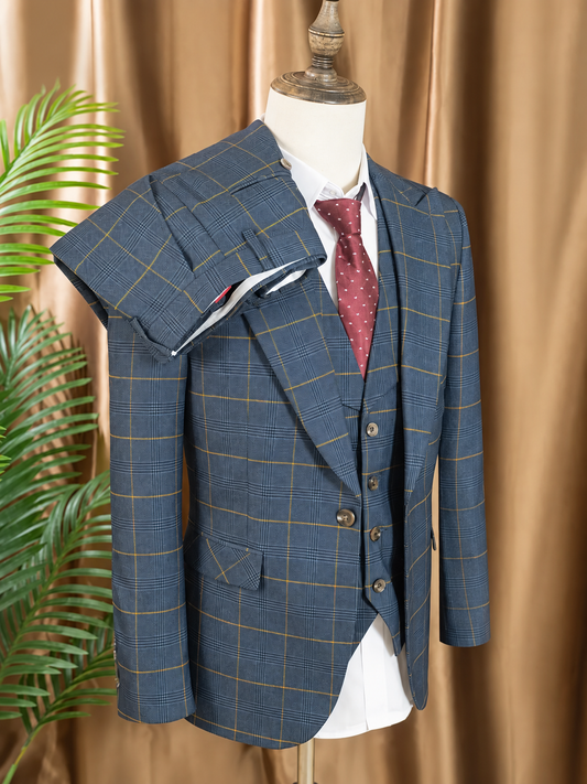 Men's 3-piece blue checkered business wedding suit