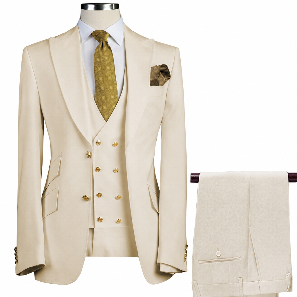 Men's 3-piece double-breasted business wedding suit cream ivory