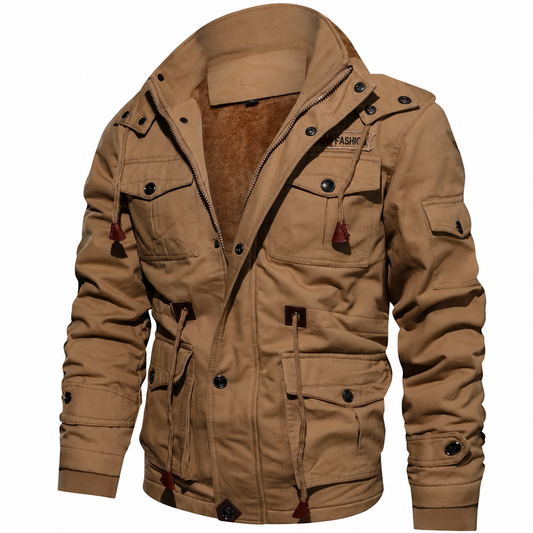 Men's fleece hooded military outdoor jacket tan