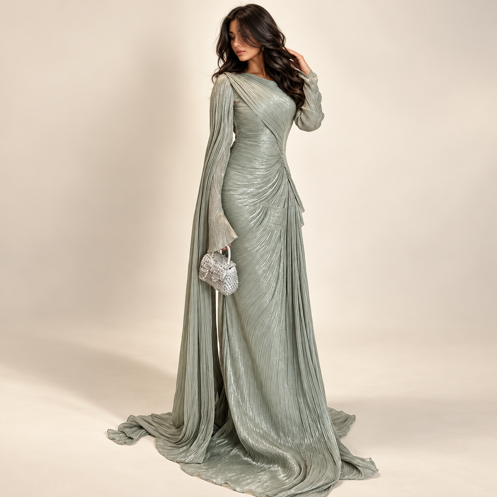 Sage green evening gown three-quarter angle cream studio