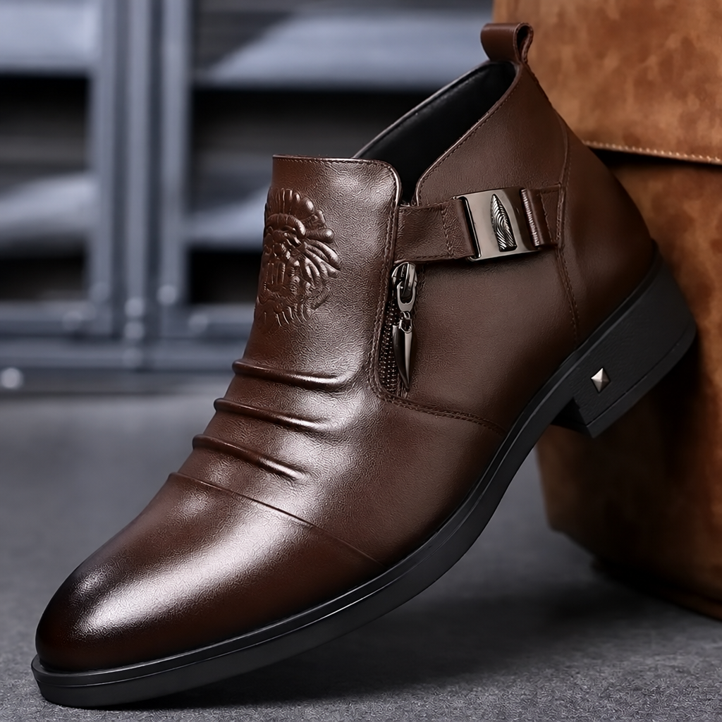 Men's British pointed-toe mid-calf formal wedding dress boots brown leather