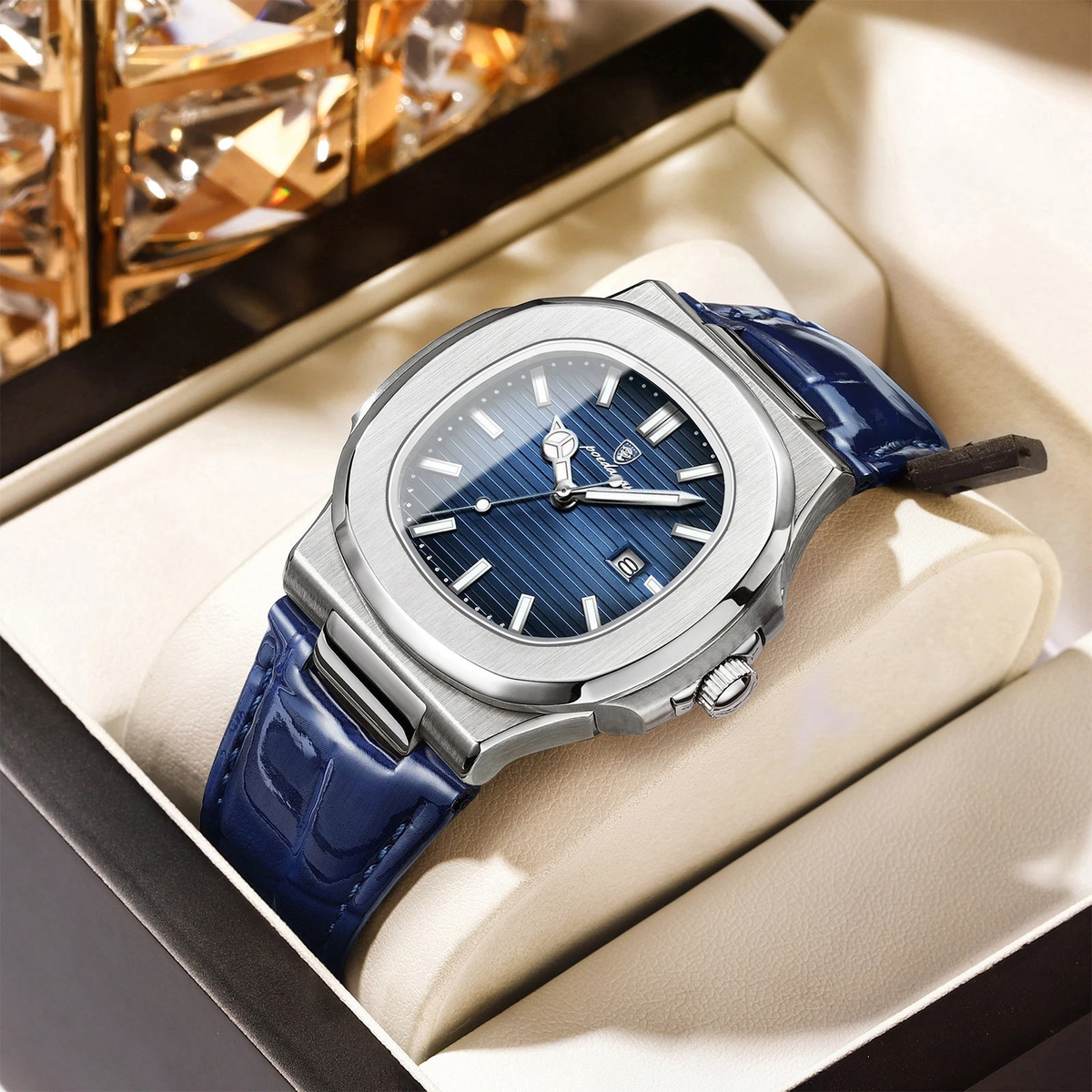 Men's square leather date luminous quartz wristwatch blue strap clean product photo