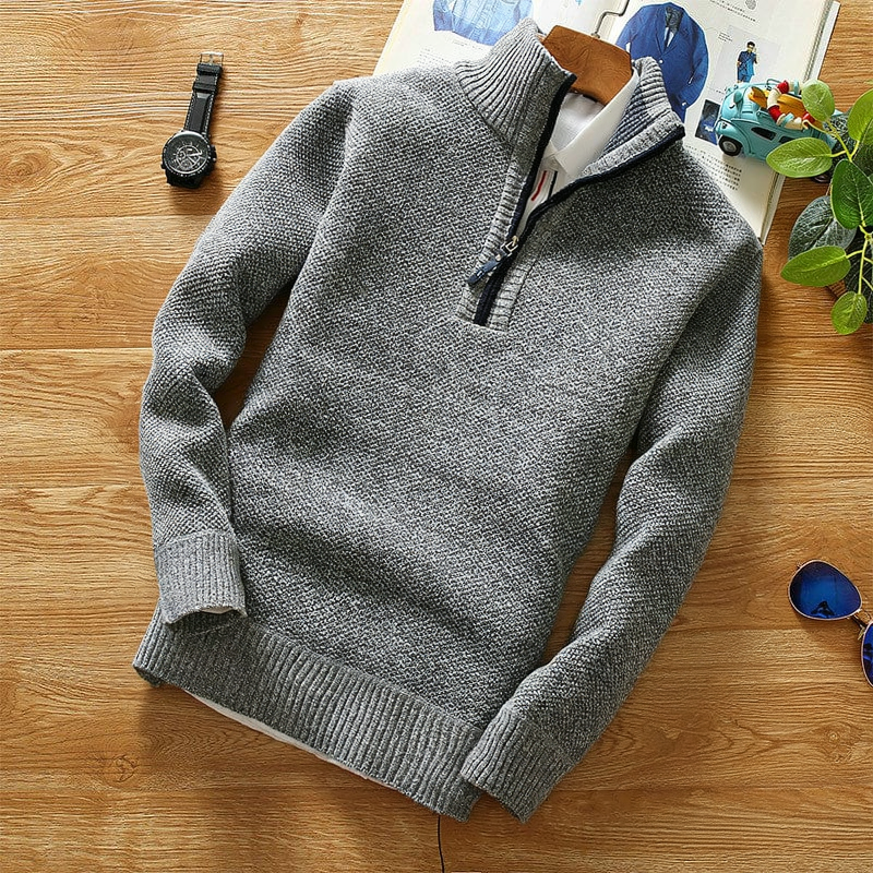 Men's winter fleece half-zip turtleneck knit wool pullover sweater gray clean product photo