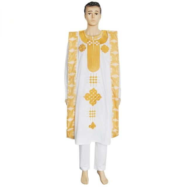 Men's gold embroidered white Agbada 3-piece robe set clean product photo