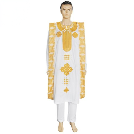 Men's gold embroidered white Agbada 3-piece robe set clean product photo