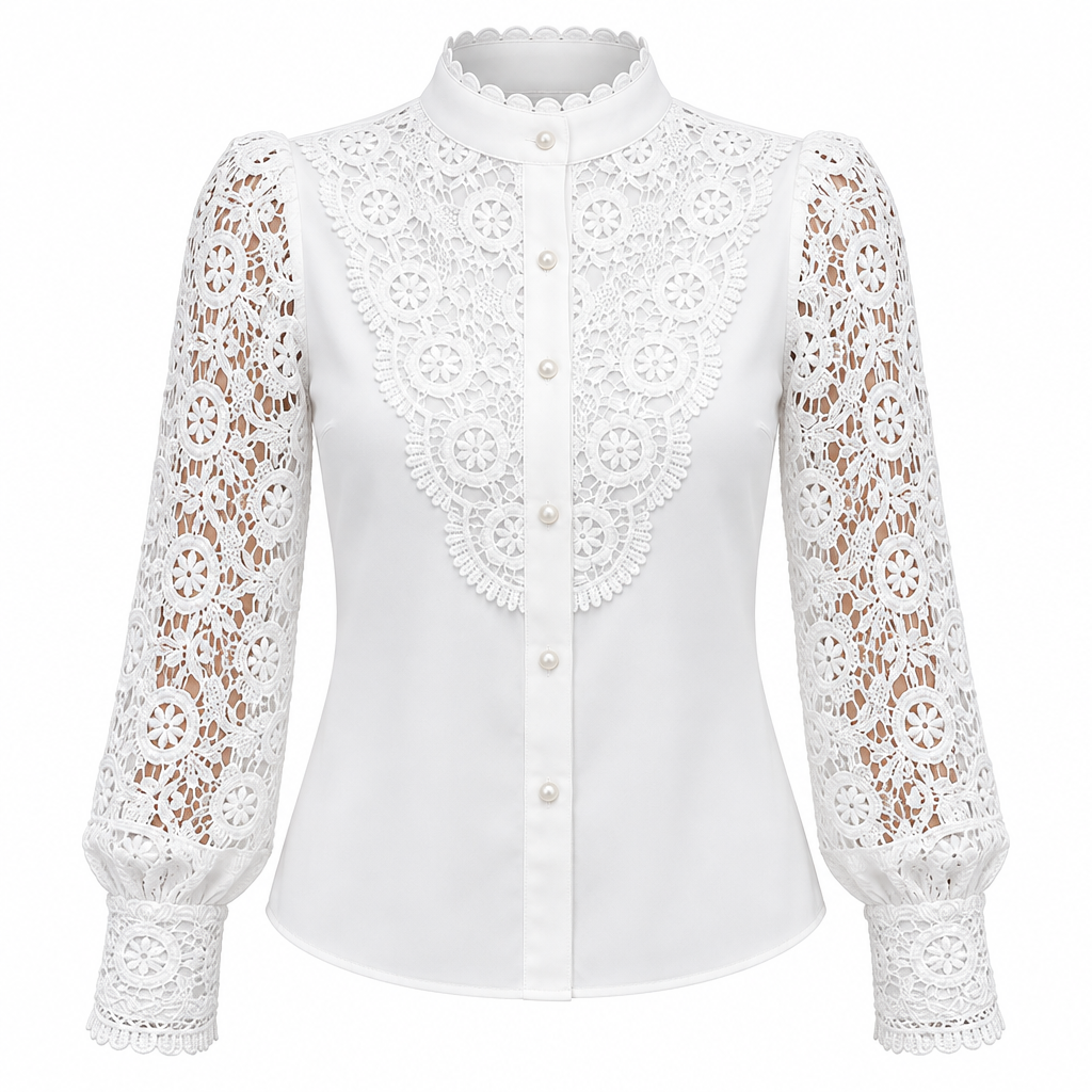 Women's white collared lace patchwork blouse front