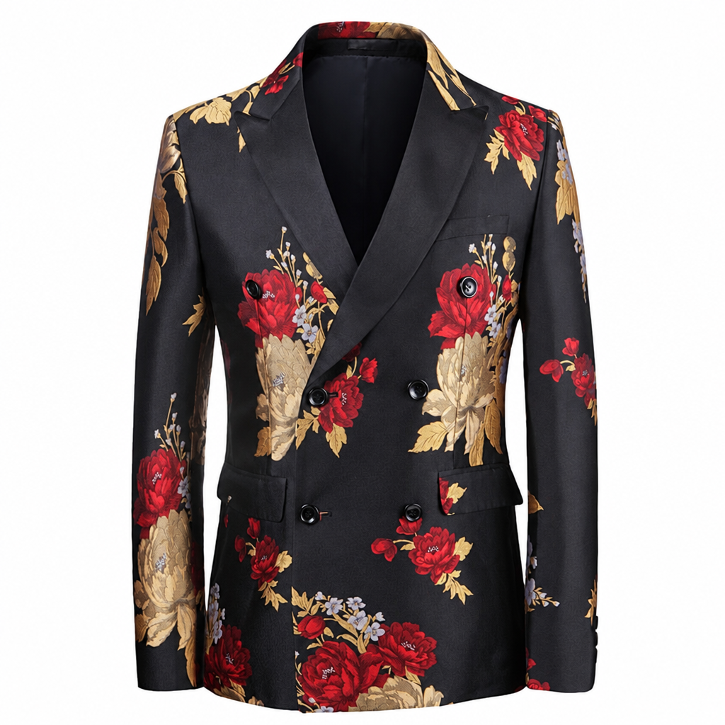 Men's black floral double-breasted tuxedo blazer