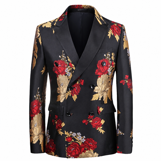 Men's black floral double-breasted tuxedo blazer