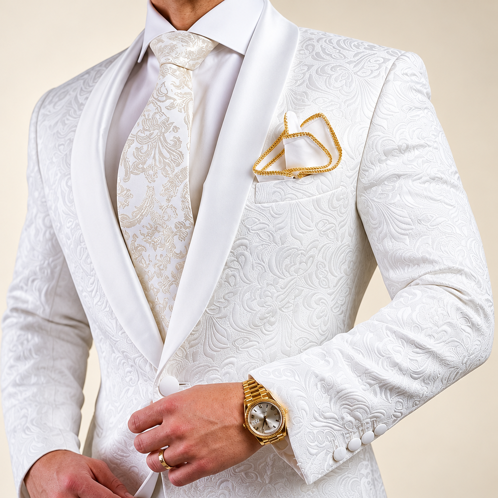 White jacquard tuxedo shawl lapel detail