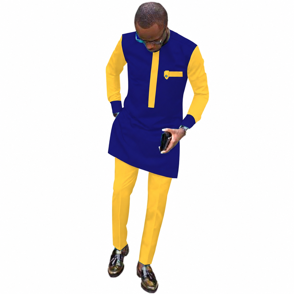 Men's African dashiki shirt and pants blue yellow two-piece set
