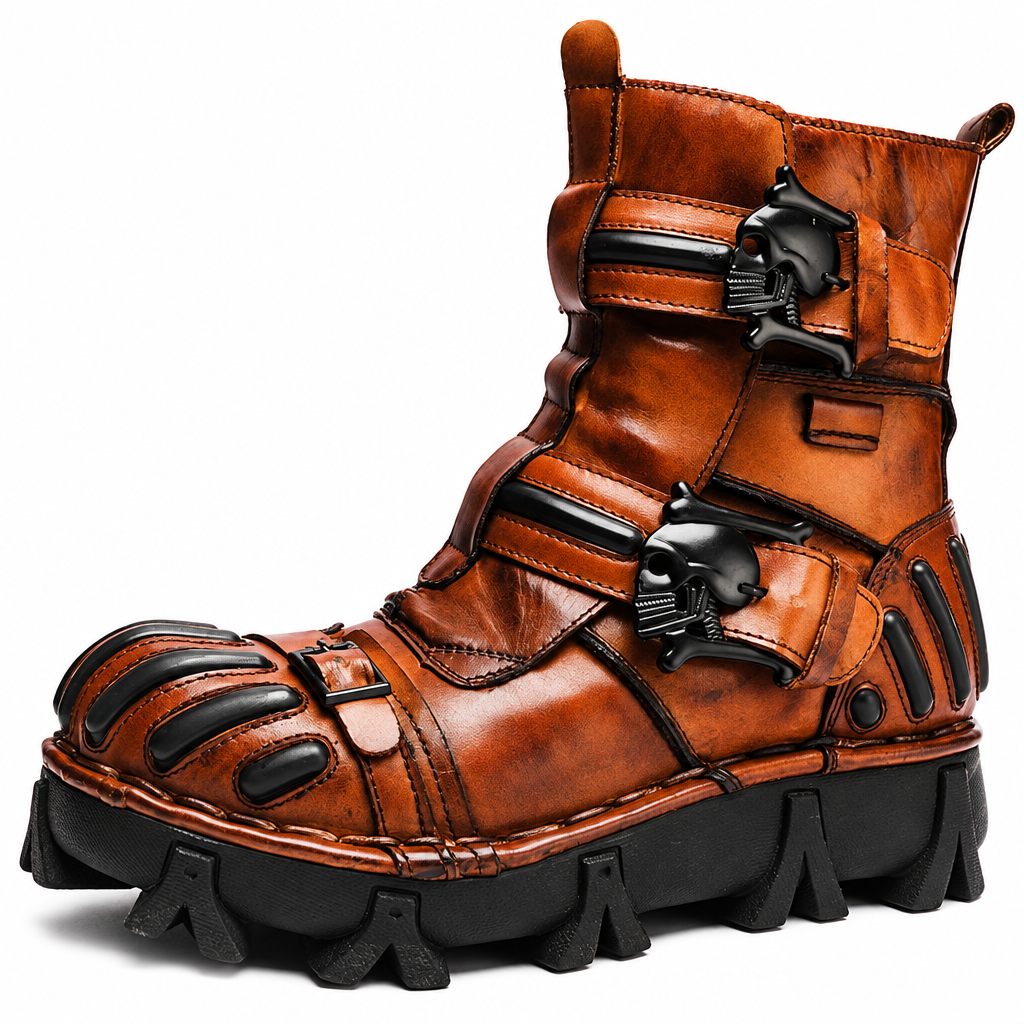 Men's genuine leather motorcycle ankle boots western cowboy brown