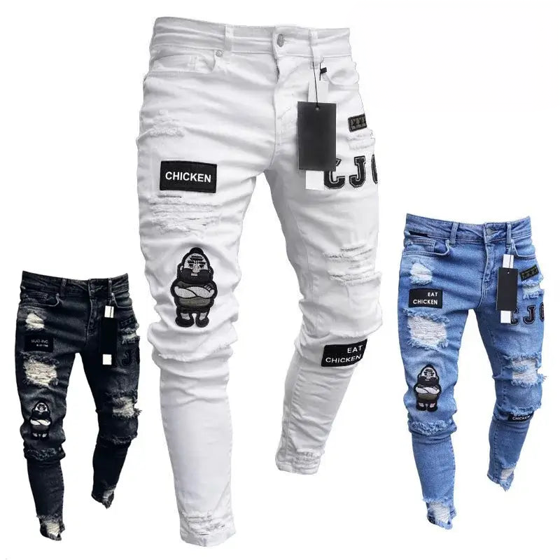 Men's white embroidered ripped skinny jeans three colorways clean product photo