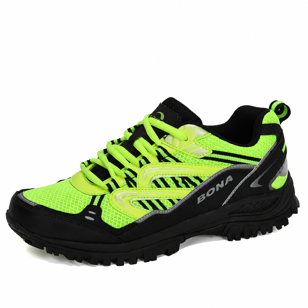 Men's neon green black hiking shoes outdoor trekking sneakers clean product photo