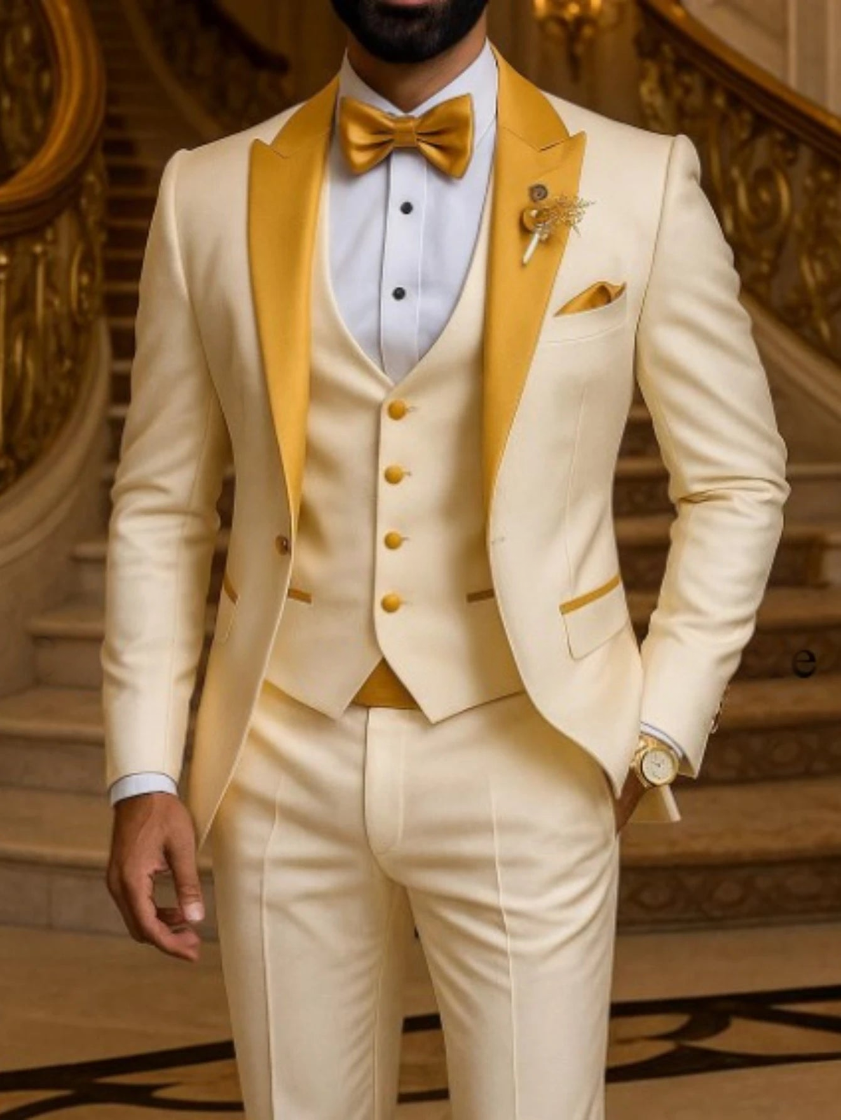 Men's slim-fit cream gold 3-piece tuxedo suit clean product photo