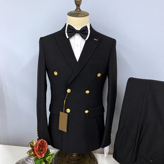 Men's double-breasted blazer and pants suit set black gold buttons