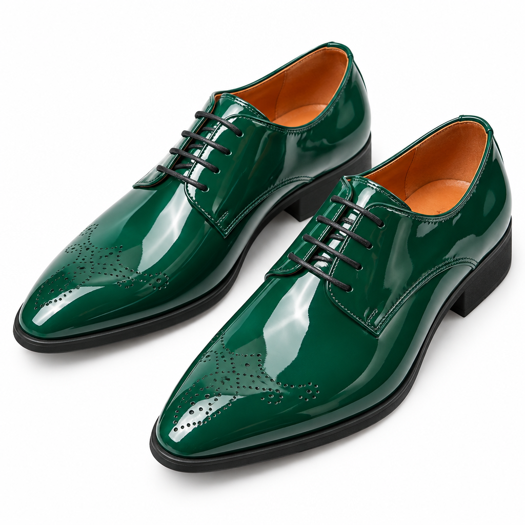 Green oxford dress shoes three-quarter detail
