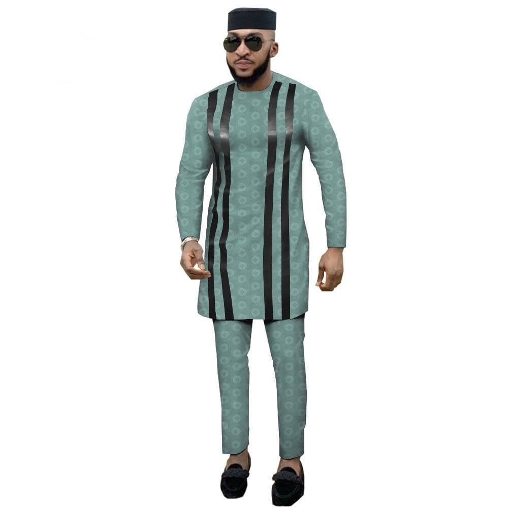 Men's sage green tailored Muslim jacquard top and slim pants suit clean product photo