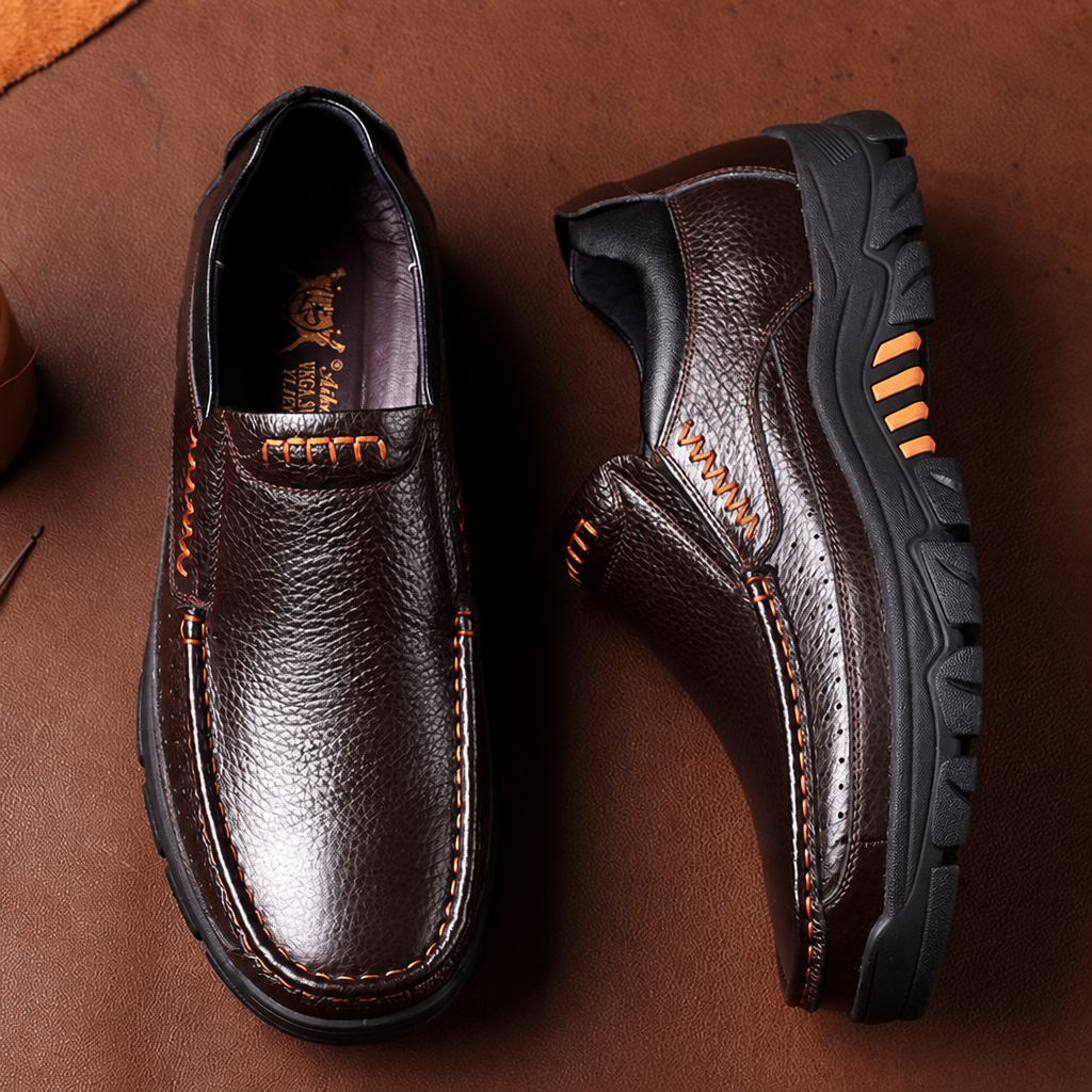 Men's genuine leather driving shoes soft business flats brown
