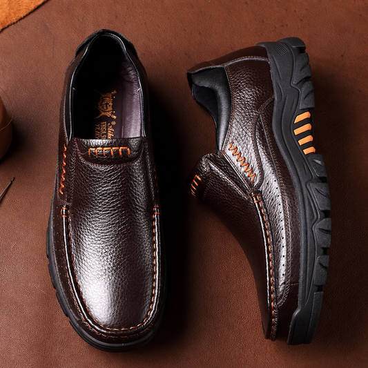 Men's genuine leather driving shoes soft business flats brown