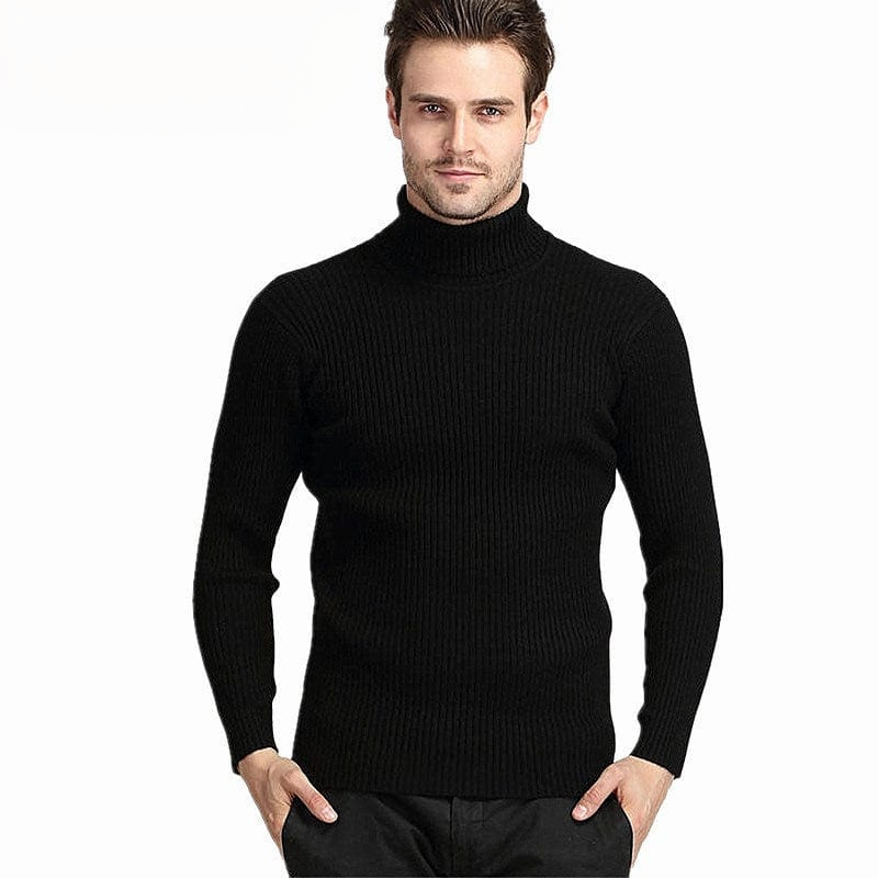 Men's black winter thick cashmere turtleneck knit sweater clean product photo
