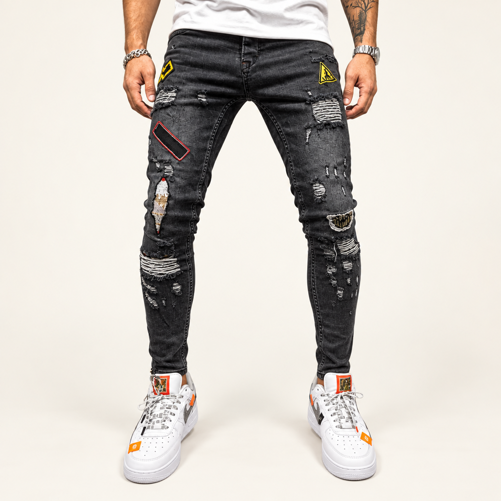 Dark grey ripped patch skinny jeans