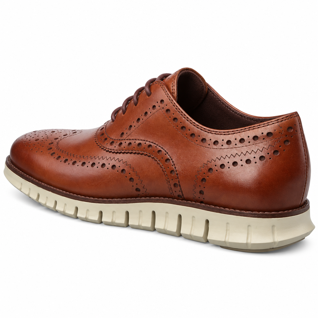 Carved leather brogue heel view