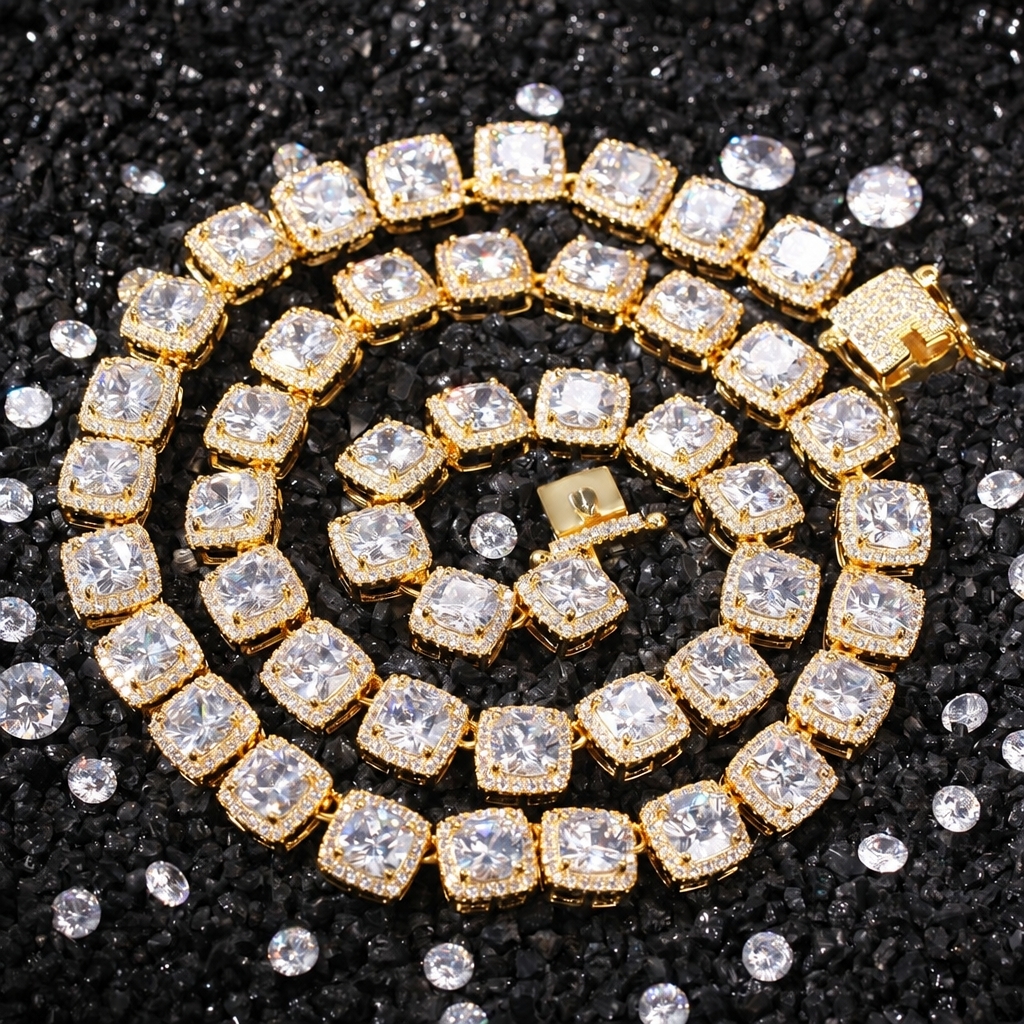 Men's 10mm square CZ tennis chain iced-out hip-hop necklace gold
