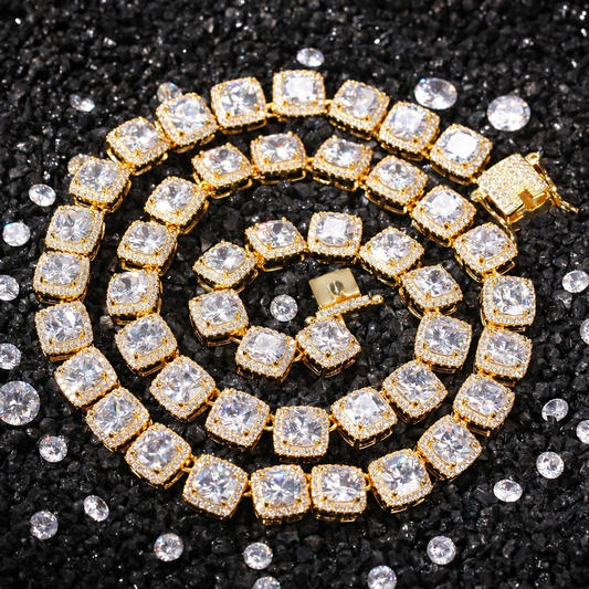 Men's 10mm square CZ tennis chain iced-out hip-hop necklace gold