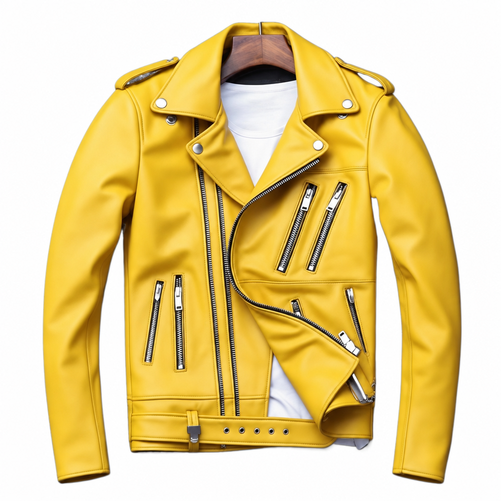 Men's yellow multi-zip PU leather motorcycle jacket