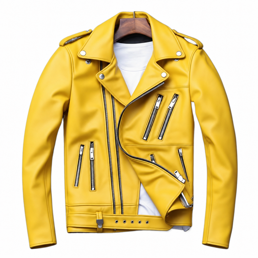 Men's yellow multi-zip PU leather motorcycle jacket