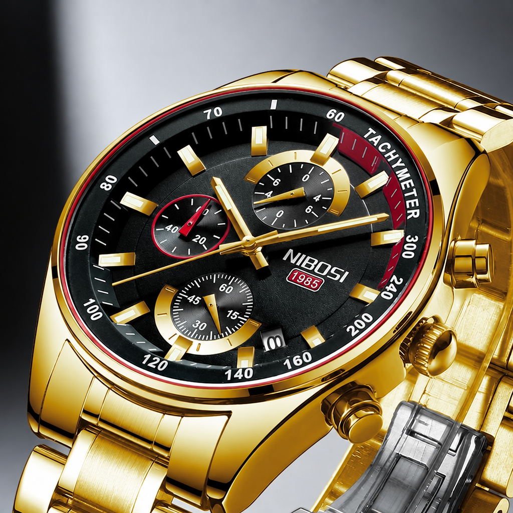 Men's gold chronograph waterproof quartz watch