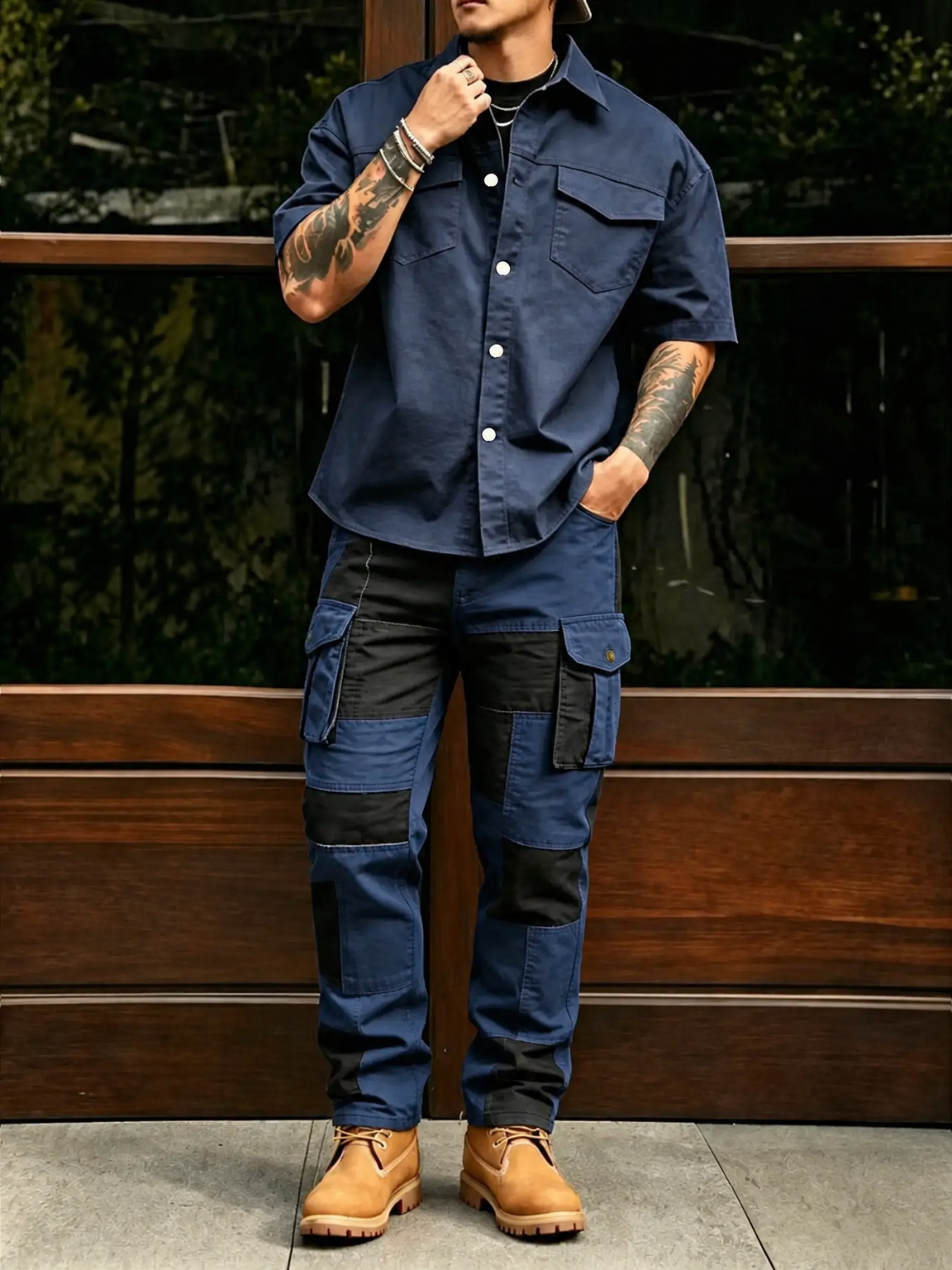 Men's cotton multi-pocket short-sleeve shirt and pants set navy
