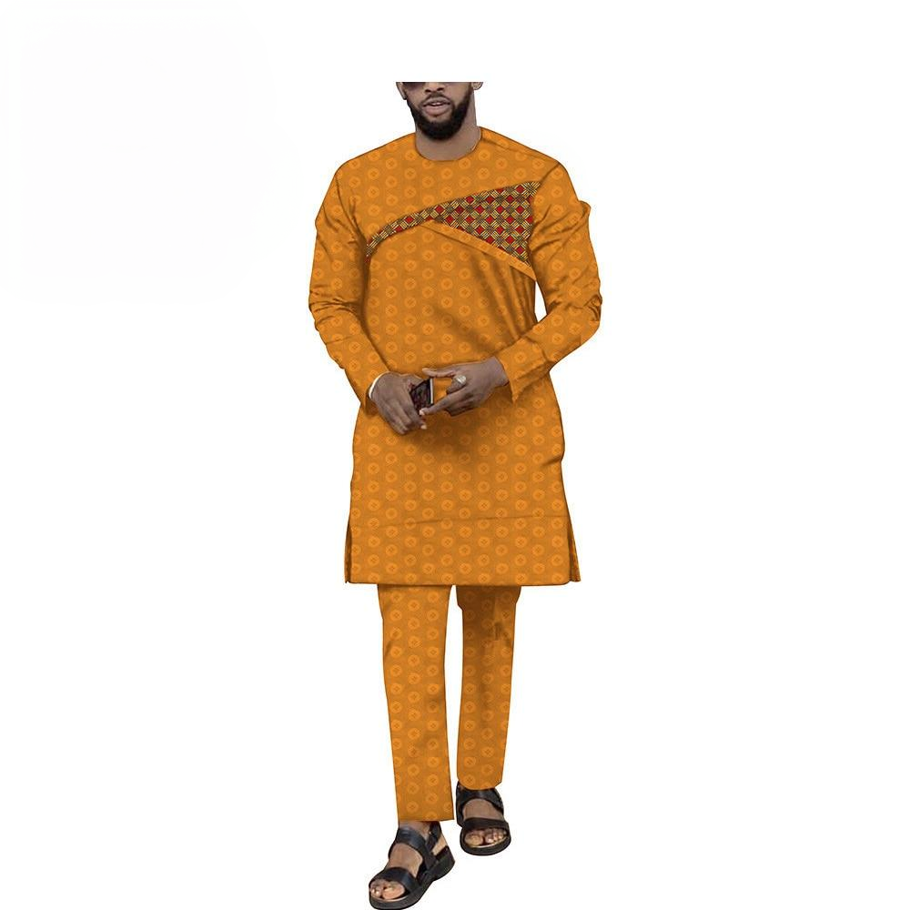 Men's orange Muslim cotton jacquard top and slim pants suit clean product photo