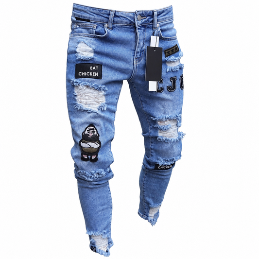 Men's slim distressed embroidered jeans