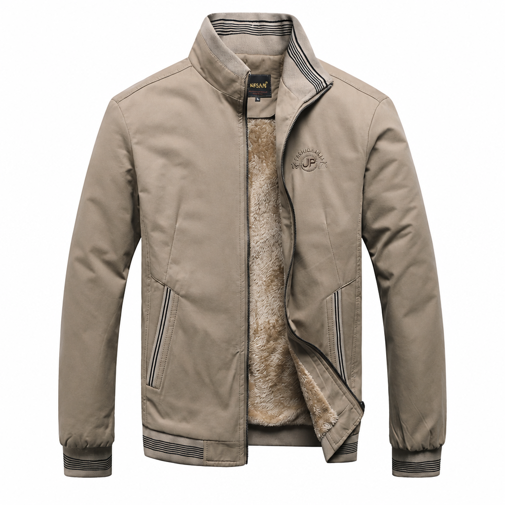 Men's cotton casual jacket vintage style winter coat beige fleece lined