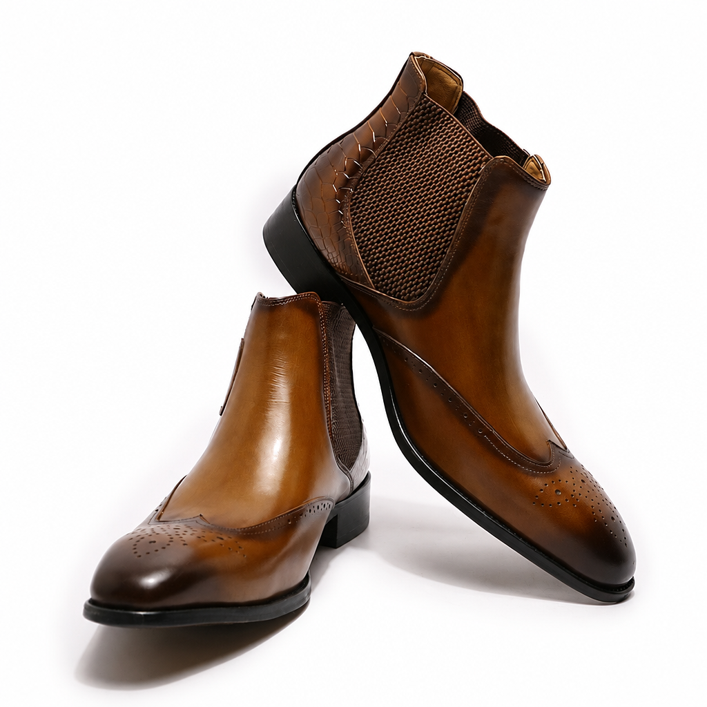 Men's genuine leather Chelsea slip-on wingtip ankle boots brown