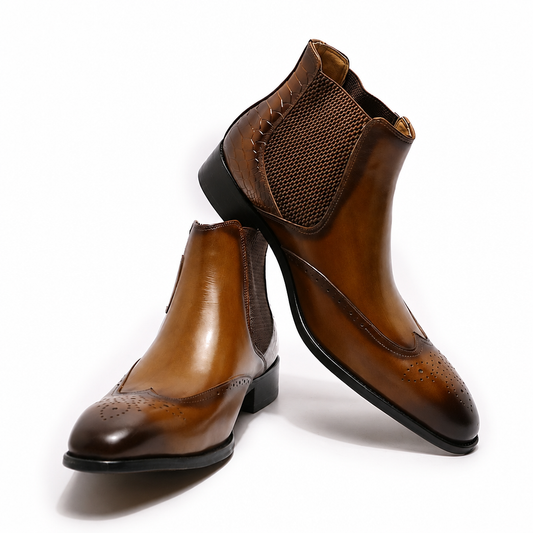Men's genuine leather Chelsea slip-on wingtip ankle boots brown
