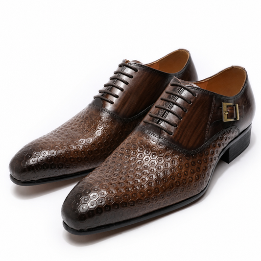 Men's genuine leather geometric print pointed oxford shoes brown