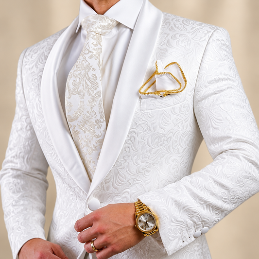Men's white jacquard shawl lapel wedding tuxedo clean product photo
